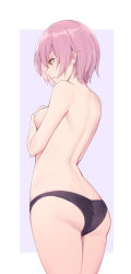 Rule 34 | 1girl, arched back, ass, back, black panties, breasts, brown eyes, closed mouth, covering privates, covering breasts, cowboy shot, fate (series), from behind, highres, mash kyrielight, medium breasts, nian (zhanian), panties, pink hair, profile, purple background, simple background, solo, standing, topless, underwear, underwear only