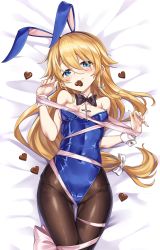 Rule 34 | 1girl, animal ears, black pantyhose, blonde hair, blue eyes, blush, bound, bow, bowtie, breasts, candy, chocolate, chocolate heart, covered navel, cowboy shot, detached collar, fake animal ears, food, gluteal fold, hair between eyes, hairband, heart, highres, ks (xephyrks), leotard, long hair, low-tied long hair, lying, magi in wanchin basilica, mouth hold, on back, pantyhose, playboy bunny, rabbit ears, ribbon, ribbon bondage, rosary, small breasts, solo, thigh gap, very long hair, wrist cuffs, xiao ma