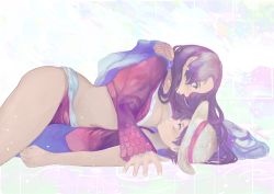 Rule 34 | 1boy, 1girl, ass, assertive female, bare arms, black hair, blue eyes, boa hancock, breasts, cape, cleavage, epaulettes, hat, large breasts, long hair, lying, midriff, monkey d. luffy, one piece, straw hat