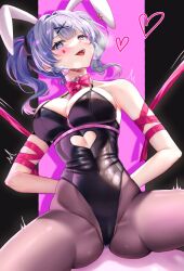 Rule 34 | 1girl, animal ears, arms behind back, bare shoulders, black leotard, blue eyes, blue hair, blush, bound, bow, bowtie, breasts, clothing cutout, collarbone, covered navel, cowboy shot, cutout above navel, detached collar, drooling, hair ornament, hairband, hatsune miku, heart, heart-shaped pupils, heart cutout, highleg, highleg leotard, highres, large breasts, leotard, looking at viewer, mary is mine, medium hair, multicolored hair, necktie, open mouth, pantyhose, pink background, pink bow, pink bowtie, pink hair, pink necktie, pink ribbon, rabbit ears, rabbit hair ornament, rabbit hole (vocaloid), revealing clothes, ribbon, solo, spaghetti strap, streaked hair, symbol-shaped pupils, teardrop facial mark, teeth, tied up (nonsexual), tongue, twintails, twitching, upper teeth only, vocaloid, white hairband, x hair ornament