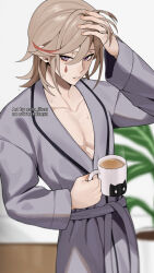 Rule 34 | 1boy, artist name, bathrobe, blonde hair, blurry, blurry background, coffee, coffee mug, collarbone, commentary, cup, english commentary, facial mark, genshin impact, grey robe, hair between eyes, hand on own head, hand up, highres, holding, holding cup, long sleeves, looking at viewer, lyney (genshin impact), male focus, medium hair, mug, multicolored hair, nana illust, parted bangs, parted lips, pectoral cleavage, pectorals, plant, purple eyes, red hair, robe, sidelocks, solo, standing, steam, streaked hair, swept bangs, teardrop facial mark, watermark, wet