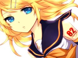 Rule 34 | 1girl, blonde hair, blouse, blue eyes, bow, bowtie, female focus, hair ornament, hairclip, hairpin, hinako (a pied), kagamine rin, looking at viewer, open mouth, sailor collar, shirt, short hair, simple background, sleeveless, solo, tattoo, treble clef, vocaloid