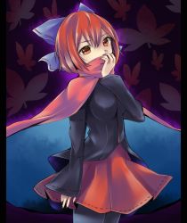 Rule 34 | 1girl, aura, bad id, bad pixiv id, blouse, blue pantyhose, bow, breasts, cape, covering own mouth, eyelashes, fingernails, hair bow, hand to own mouth, head tilt, leaf, leaf background, looking at viewer, nail polish, pantyhose, purple background, red eyes, red hair, richard, sekibanki, shirt, short hair, skirt, sleeves past wrists, solo, touhou