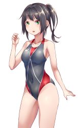 Rule 34 | 1girl, asics, black hair, black one-piece swimsuit, breasts, competition swimsuit, covered navel, cowboy shot, green eyes, long hair, mendou saya, one-piece swimsuit, original, simple background, small breasts, solo, standing, swimsuit, white background