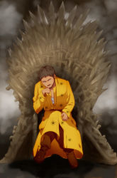 Rule 34 | 1boy, a song of ice and fire, beard, boots, brown hair, facial hair, game of thrones, kazahi tsubame, male focus, mustache, oberyn martell, sitting, solo, sword, throne, weapon