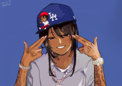 Rule 34 | &gt; o, animification, artist name, black hair, blue hat, blush, brown eyes, chain, chain necklace, chibi, dababy (rapper), dark-skinned female, dark skin, dated, derivative work, grey shirt, hand up, hat, head tilt, headwear request, highres, jewelry, necklace, one eye closed, open mouth, original, pants, photo-referenced, real life, red hat, red pants, shiromonefu, shirt, simple background, smile, solo, tattoo, watch, white shirt