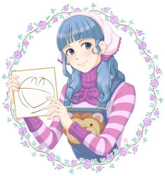 Rule 34 | 1girl, :d, ace attorney, blue eyes, blue hair, blue overalls, blunt bangs, floral background, hiraishi wataru, holding, holding paper, lion print, long hair, long sleeves, open mouth, overalls, paper, smile, solo, striped sleeves, turtleneck, upper body, vera misham, white background, white headwear