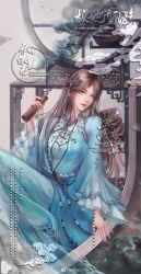 Rule 34 | 1girl, absurdres, blue dress, blue eyes, braid, branch, brown hair, collar, douluo dalu, dress, frilled collar, frills, hair ornament, highres, indoors, long hair, long sleeves, looking to the side, ning rongrong (douluo dalu), r jiu yu, round window, sitting, solo, upper body, watermark, window