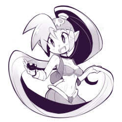 Rule 34 | 1girl, alternate costume, bandana, bandeau, breasts, cropped legs, long hair, monochrome, pointy ears, ponytail, shantae, shantae (series), shantae and the pirate&#039;s curse, sho-n-d, skull, small breasts, solo, very long hair, vest