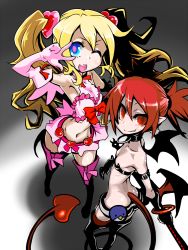 Rule 34 | 2girls, blonde hair, blue eyes, boots, bracelet, butt crack, choker, disgaea, disgaea d2, earrings, elbow gloves, etna (disgaea), flat chest, flonne, gloves, indee, jewelry, long hair, looking at viewer, miniskirt, multiple girls, navel, nippon ichi, one eye closed, open mouth, parted lips, pink footwear, pointy ears, pure flonne, red eyes, red hair, skirt, smile, tail, thigh boots, thighhighs, twintails, v, v over eye, wings, wink