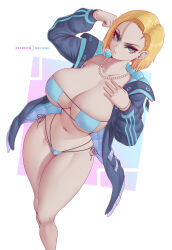Rule 34 | 1girl, absurdres, android 18, artist name, bikini, blonde hair, blue eyes, breasts, dragon ball, dragonball z, earrings, highres, jewelry, large breasts, looking at viewer, melowh, navel, patreon username, short hair, simple background, solo, stomach, swimsuit, thighs, white background
