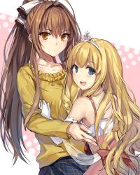 Rule 34 | 10s, 2girls, :d, amagi brilliant park, antenna hair, bare shoulders, blonde hair, blue eyes, bow, breasts, brown eyes, brown hair, casual, drill hair, elbow gloves, gloves, hair bow, latifa fleuranza, long hair, long sleeves, looking at viewer, momoko (momopoco), multiple girls, open mouth, ponytail, revision, sento isuzu, simple background, skirt, small breasts, smile, white gloves