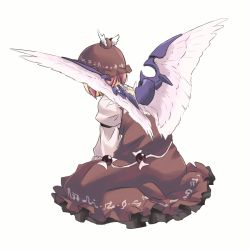 Rule 34 | 1girl, animal ears, animated, animated gif, brown dress, dress, female focus, flapping, hat, mystia lorelei, pink hair, shirt, short hair, sitting, solo, touhou, white background, wings, yudepii