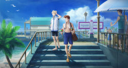Rule 34 | absurdres, bag, beach, bench, blonde hair, blue eyes, brown bag, brown eyes, brown hair, flip-flops, food, highres, ice cream, ice cream cone, kazuko (towa), lloyd irving, mithos yggdrasill, multiple boys, multiple girls, ocean, on bench, palm tree, sandals, scenery, sitting, stairs, summer, swimsuit, tales of (series), tales of symphonia, topless male, towel, towel around neck, tree