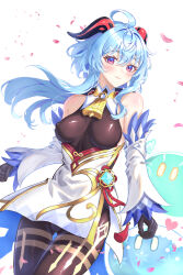 Rule 34 | 1girl, ahoge, bare shoulders, black gloves, black leotard, blue hair, blush, bodystocking, bodysuit, breasts, brown pantyhose, cameltoe, chinese knot, commentary request, covered erect nipples, cowboy shot, crotch seam, detached sleeves, flower knot, ganyu (genshin impact), genshin impact, gloves, gluteal fold, gold trim, groin, hair between eyes, heart, high-waist skirt, highres, horns, large breasts, leotard, leotard under clothes, long hair, long sleeves, looking at viewer, miniskirt, pantyhose, purple eyes, skirt, slime (genshin impact), smile, standing, tassel, thigh gap, thighlet, thighs, very long hair, vision (genshin impact), white background, white skirt, white sleeves, zea (zeamilky)