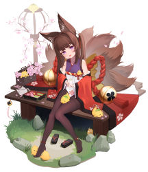 Rule 34 | 1girl, absurdres, amagi-chan (azur lane), animal ear fluff, animal ears, azur lane, bell, bench, bird, black pantyhose, blunt bangs, brown hair, cherry blossoms, chick, cup, fox ears, fox tail, hair intakes, head tilt, highres, japanese clothes, jingle bell, kimono, legs, long hair, luma li, manjuu (azur lane), multiple tails, no shoes, off shoulder, open mouth, pantyhose, petals, pink eyes, red kimono, sitting, smile, tail, teacup, thighs, twintails