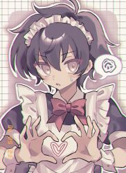 Rule 34 | 1boy, alternate costume, apron, back bow, black hair, bow, bowtie, brown eyes, chromatic aberration, collared dress, commentary, crossdressing, dated, dress, enmaided, frilled apron, frills, grid background, gundam, gundam 00, hair between eyes, heart, heart hands, highres, kononokono, looking at viewer, maid, maid apron, maid headdress, male focus, open mouth, outline, puffy short sleeves, puffy sleeves, red bow, red bowtie, setsuna f. seiei, short hair, short sleeves, solo, speech bubble, spoken squiggle, squiggle, sweat, upper body, white apron, white outline, wrist cuffs