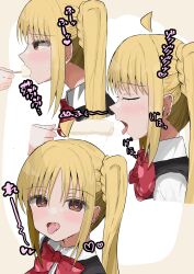 Rule 34 | 1girl, absurdres, ahoge, blonde hair, blush, bocchi the rock!, bow, bowtie, brown eyes, collared shirt, commentary request, feeding, food, from side, heart, heart-shaped pupils, highres, ijichi nijika, long hair, looking at viewer, norashiro, open mouth, polka dot, polka dot bow, popsicle, red bow, red bowtie, school uniform, sexually suggestive, shimokitazawa high school uniform, shirt, side ponytail, sweat, symbol-shaped pupils, tongue, tongue out, translation request, white shirt
