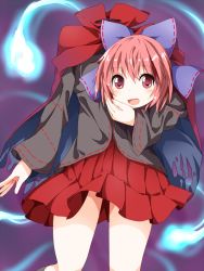 Rule 34 | 1girl, bow, cape, disembodied head, hair bow, hair ribbon, high collar, holding head, looking at viewer, pleated skirt, red eyes, red hair, ribbon, ruu (tksymkw), sekibanki, short hair, skirt, solo, touhou