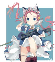 Rule 34 | 10s, 1girl, android, animal ears, blue eyes, cat ears, clarion, doll joints, dress, expressionless, gloves, gun, highres, holster, humanization, joints, koukaku no pandora, leg up, long hair, maid, maid headdress, panties, pink hair, red panties, rifle, scope, side-tie panties, sniper rifle, solo, thigh holster, twintails, underwear, weapon, weapon request, wind, zhongye yu