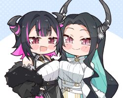 Rule 34 | 2girls, :d, aqua hair, aradia ravencroft, bare shoulders, black hair, black jacket, blush stickers, breast press, breasts, chibi, closed mouth, colored inner hair, commentary, demon horns, english commentary, fang, highres, hololive, hololive english, horns, jacket, kukie-nyan, large breasts, long hair, looking at viewer, malpha ravencroft, mole, mole under eye, mole under mouth, multicolored hair, multiple girls, open mouth, pink hair, red eyes, shirt, siblings, sisters, slit pupils, smile, symmetrical docking, two-tone hair, virtual youtuber, white shirt
