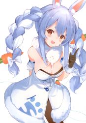 Rule 34 | 1girl, absurdres, animal ear fluff, animal ears, arm behind back, bare shoulders, black gloves, blue hair, blush, bow, braid, breasts, carrot, carrot hair ornament, cleavage, food-themed hair ornament, fur collar, gloves, hair ornament, hana mori, hand up, highres, hololive, index finger raised, long hair, looking at viewer, medium breasts, multicolored hair, open mouth, pantyhose, pom pom (clothes), rabbit ears, scan, shiny skin, simple background, smile, solo, strapless, twin braids, twintails, usada pekora, usada pekora (1st costume), virtual youtuber, white background, white hair