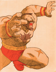 Rule 34 | abs, anger vein, beard, bengus, brown hair, capcom, facial hair, highres, male focus, manly, marvel vs. capcom, marvel vs. capcom 2, muscular, official art, scar, solo, street fighter, zangief
