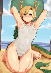 Rule 34 | 1girl, antlers, armpits, baketsuya, beach, blonde hair, blush, breasts, cameltoe, collarbone, dragon girl, dragon tail, female pubic hair, glaring, highres, horns, kicchou yachie, nipples, nostrils, one-piece swimsuit, pubic hair, red eyes, ribs, sand, see-through, short hair, small breasts, solo, sparse pubic hair, swimsuit, tail, thighs, toenails, touhou, turtle shell, v-shaped eyebrows