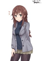Rule 34 | 1girl, alternate costume, black pantyhose, black sweater, braid, brown hair, commentary request, dated, green eyes, grey blazer, grey skirt, kantai collection, long hair, meguru (megurunn), noshiro (kancolle), one-hour drawing challenge, pantyhose, pleated skirt, ribbed sweater, simple background, skirt, solo, standing, sweater, swept bangs, twin braids, twitter username, white background