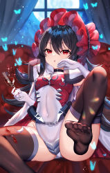 Rule 34 | 1girl, absurdres, black hair, black thighhighs, blush, bonnet, breasts, bug, butterfly, cape, choker, covered navel, cup, drinking glass, elbow gloves, feet, gloves, hair between eyes, highleg, highres, ilya (princess connect!), ilya (small) (princess connect!), insect, leg up, legs, leotard, long hair, looking at viewer, open mouth, princess connect!, red eyes, shanguier, sitting, solo, sparkle, spill, thighhighs, white cape, white gloves, white leotard, window