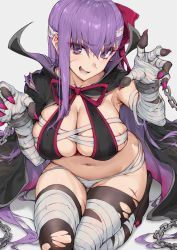 Rule 34 | 1girl, bandaged arm, bandaged leg, bandages, bb (fate), bb (fate/extra), bow, breasts, cape, chain, claw pose, cleavage, covered erect nipples, cuffs, eyes visible through hair, eyeshadow, fang, fate/extra, fate/extra ccc, fate/grand order, fate (series), fingernails, grey background, hair ribbon, haoni, highres, injury, large breasts, long hair, looking at viewer, makeup, nail polish, navel, open mouth, popped collar, purple eyes, purple hair, red nails, red neckwear, red ribbon, ribbon, scar, scar on face, shackles, sharp fingernails, simple background, sitting, sketch, smile, solo, thighs, torn clothes, torn legwear