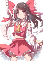 Rule 34 | 1girl, absurdres, black hair, bow, brown eyes, closed mouth, commentary, cowboy shot, detached sleeves, frilled skirt, frills, gohei, hair bow, hair tubes, hakurei reimu, highres, holding, looking at viewer, medium hair, navel, ofuda, red bow, red shirt, red skirt, ribbon-trimmed sleeves, ribbon trim, saimu taju, shide, shirt, sidelocks, simple background, skirt, solo, touhou, v-shaped eyebrows, white background