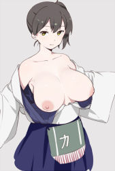 Rule 34 | 10s, 1girl, breasts, breasts out, brown eyes, brown hair, collarbone, grey background, japanese clothes, kaga (kancolle), kantai collection, large breasts, looking at viewer, nipples, off shoulder, personification, shinjiro, short hair, side ponytail, simple background, solo