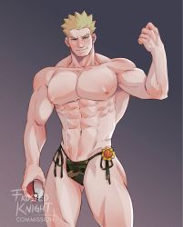 Rule 34 | 1boy, abs, bara, bare shoulders, blonde hair, camouflage underwear, closed mouth, creatures (company), game freak, hatta haigha, highres, large pectorals, looking at viewer, male focus, mature male, muscular, muscular male, navel, nintendo, nipples, pectorals, poke ball, poke ball (basic), pokemon, pokemon frlg, short hair, smile, solo, spiked hair, surge (pokemon), thighs