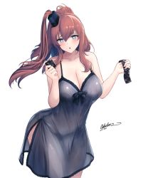 Rule 34 | 1girl, blue eyes, blush, breasts, brown hair, cleavage, collarbone, condom, condom wrapper, kantai collection, large breasts, lingerie, long hair, looking at viewer, negligee, nightgown, odachu, parted lips, ponytail, saratoga (kancolle), side ponytail, sidelocks, simple background, solo, standing, underwear, upper body, white background