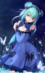 Rule 34 | 1girl, 8gou, arm behind back, arms behind back, breasts, bug, butterfly, cleavage, detached sleeves, double bun, earrings, flat chest, gothic lolita, green hair, hair between eyes, hair bun, hair ornament, hair ribbon, highres, hololive, insect, jewelry, lolita fashion, looking at viewer, medium hair, night, red eyes, ribbon, skull, small breasts, smile, solo, tree, uruha rushia, uruha rushia (1st costume), virtual youtuber, wading