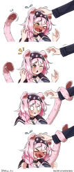 Rule 34 | &gt; &lt;, 1girl, 1other, 4koma, absurdres, animal ears, arknights, black hairband, blush, braid, cat ears, cat girl, cat tail, collar, comic, commentary, disembodied hand, doctor (arknights), english commentary, floppy ears, flying sweatdrops, goldenglow (arknights), hairband, hand on another&#039;s head, headpat, highres, jacket, leash, lightning bolt print, long hair, long sleeves, nervous sweating, nhim, one eye closed, open mouth, out of frame, petting, pink hair, prehensile tail, print hairband, scottish fold, shirt, short hair, silent comic, simple background, sweat, tail, tail wrap, teardrop, triangle mouth, twitter username, white background, yellow eyes