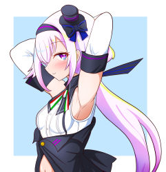 Rule 34 | .live, 1girl, absurdres, armpits, arms up, blush, breasts, carro pino, commentary request, detached sleeves, hat, headband, highres, looking at viewer, low twintails, navel, purple eyes, purple hair, rikuton, simple background, small breasts, solo, twintails, virtual youtuber