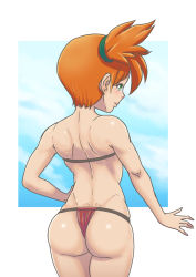 Rule 34 | 1girl, ass, asymmetrical hair, back, bikini, creatures (company), game freak, gez1313, green eyes, highres, legs, looking at viewer, misty (pokemon), muscular, navel, nintendo, pokemon, pokemon rgby, ponytail, red bikini, short ponytail, side ponytail, simple background, solo, swimsuit, thighs, white background