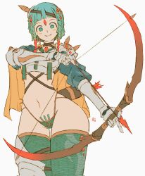 Rule 34 | 1girl, andrewcockroach, aqua eyes, aqua hair, aqua panties, aqua thighhighs, armor, arrow (projectile), asymmetrical armor, blunt bangs, blush, bow, bow (weapon), braid, braided pubic hair, breastplate, capelet, choker, closed mouth, cowboy shot, criss-cross straps, drawing bow, earrings, facial mark, fantasy, female pubic hair, forehead mark, gauntlets, hair ornament, hand up, hatching (texture), headband, highleg, highleg panties, highres, holding, holding bow (weapon), holding weapon, jewelry, leg armor, long sleeves, looking at viewer, narrow waist, navel, original, panties, pubic hair, pubic hair peek, quiver, short bangs, short hair, shoulder armor, signature, simple background, skindentation, smile, solo, spikes, standing, stomach, thigh gap, thighhighs, thighs, underwear, vambraces, weapon, white background, yellow capelet