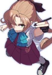 Rule 34 | 1girl, absurdres, akigumo (kancolle), artist glove, black gloves, boots, brown hair, cross-laced footwear, dress, dress shirt, from above, gloves, green eyes, grey pantyhose, hair ribbon, halterneck, highres, holding, holding stylus, kantai collection, karasuma kuraha, lace-up boots, long hair, looking at viewer, pantyhose, partially fingerless gloves, ponytail, purple dress, ribbon, school uniform, shirt, single glove, solo, stylus, white shirt