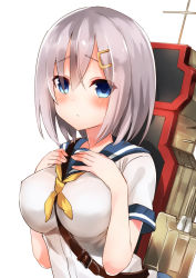 Rule 34 | 10s, 1girl, amamitsu kousuke, between breasts, blue eyes, blush, breast suppress, breasts, closed mouth, commentary request, hair ornament, hairclip, hamakaze (kancolle), kantai collection, large breasts, looking at viewer, machinery, neckerchief, school uniform, serafuku, short hair, silver hair, solo, strap between breasts, upper body, white background, yellow neckerchief