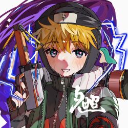 Rule 34 | 1girl, animification, apex legends, black nails, blonde hair, blue eyes, blush, chinese commentary, electricity, green jacket, hair between eyes, heart, highres, holding, holding weapon, jacket, lightning, lightning bolt symbol, lightning spirit wattson, looking at viewer, nessie (respawn), official alternate costume, parted lips, portrait, roastfish, smile, solo, wattson (apex legends), weapon