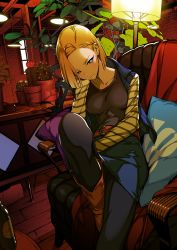 Rule 34 | 1girl, android 18, armchair, ayamura kirihito, belt, black legwear, blonde hair, blue eyes, blush, boots, brown footwear, cactus, chair, character name, cushion, dragon ball, dragonball z, earrings, female focus, glass bottle, hair behind ear, head rest, highres, jewelry, lamp, looking at viewer, plant, potted plant, sitting, solo, striped sleeves, table, wooden floor