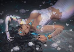 Rule 34 | 1girl, arm up, black hair, bracelet, breasts, circlet, cleavage, closed mouth, commentary, dark-skinned female, dark skin, flower, gem, glint, hand on own head, highres, jewelry, lips, long hair, looking away, looking to the side, love cacao, lying, medium breasts, navel, necklace, on back, on floor, overwatch, overwatch 1, petals, prosthesis, prosthetic arm, revealing clothes, see-through, short sleeves, skirt, solo, stomach, symmetra (overwatch), white flower, white skirt, yellow eyes