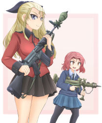 Rule 34 | 2girls, absurdres, ammunition, anti-tank mortar, assam (girls und panzer), battle rifle, black necktie, black pantyhose, black ribbon, black skirt, blonde hair, blue eyes, blue skirt, blue sweater, bomb, brown eyes, closed mouth, commentary request, dress shirt, drill round (piat), dummy round, energa anti-tank rifle grenade, english text, epaulettes, explosive, girls und panzer, grenade, gun, hair pulled back, high-explosive anti-tank (warhead), highres, holding, holding gun, holding weapon, jacket, l1a1, leaning forward, long hair, long sleeves, looking at viewer, man-portable anti-tank systems, md5 mismatch, medium hair, mikeran (mikelan), military, military uniform, miniskirt, mortar (weapon), multiple girls, necktie, nr4, open mouth, pantyhose, partial commentary, piat, pleated skirt, red hair, red jacket, resolution mismatch, ribbon, rifle, rifle grenade, rosehip (girls und panzer), school uniform, shell (projectile), shirt, skirt, smile, smirk, spigot mortar, st. gloriana&#039;s military uniform, st. gloriana&#039;s school uniform, standing, sweater, trigger discipline, uniform, v-neck, v-shaped eyebrows, weapon, white shirt, wing collar