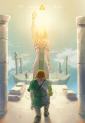Rule 34 | 1boy, 1girl, archaic set (zelda), arm tattoo, arm up, bare shoulders, blonde hair, cloud, collarbone, copyright name, dress, from behind, highres, link, medium hair, nintendo, on one knee, outdoors, parted bangs, pointy ears, princess zelda, psp26958748, short hair, short sleeves, single sleeve, tattoo, the legend of zelda, the legend of zelda: tears of the kingdom, triforce, white dress