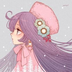 Rule 34 | 1girl, aqua flower, black hair, earrings, grey background, highres, jewelry, long hair, original, parted lips, pink headwear, pink ribbon, profile, ribbon, signature, simple background, snow, solo, tree, yuuinami