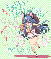 Rule 34 | 1girl, :d, animal ears, argyle, argyle clothes, argyle dress, belt, black belt, black footwear, blue eyes, blue hair, blush, bracelet, breasts, cat ears, commentary request, convenient censoring, dated, detached sleeves, dress, eye mask, fang, full body, fur collar, goinkyo, green background, hair between eyes, happy birthday, highres, jewelry, large breasts, long hair, looking at viewer, mizuki takehito, necklace, no panties, open mouth, party popper, polka dot, polka dot background, ragnarok online, sandals, see-through, skin fang, smile, solo, sorcerer (ragnarok online), tail, two-tone background, white background, white dress, white sleeves