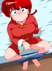 Rule 34 | 1girl, animated, animated gif, barefoot, bed, blue eyes, blush, bouncing breasts, braid, breasts, chinese clothes, closed mouth, clothes pull, eyebrows hidden by hair, feet, female focus, female masturbation, fingering, from above, genderswap, genderswap (mtf), indoors, large breasts, legs, looking at viewer, masturbation, old school academy, on bed, panties, pants, pants pull, panty pull, pussy, ranma-chan, ranma 1/2, red hair, saotome ranma, single braid, sitting, solo, sweat, tangzhuang, thighs, toes, underwear